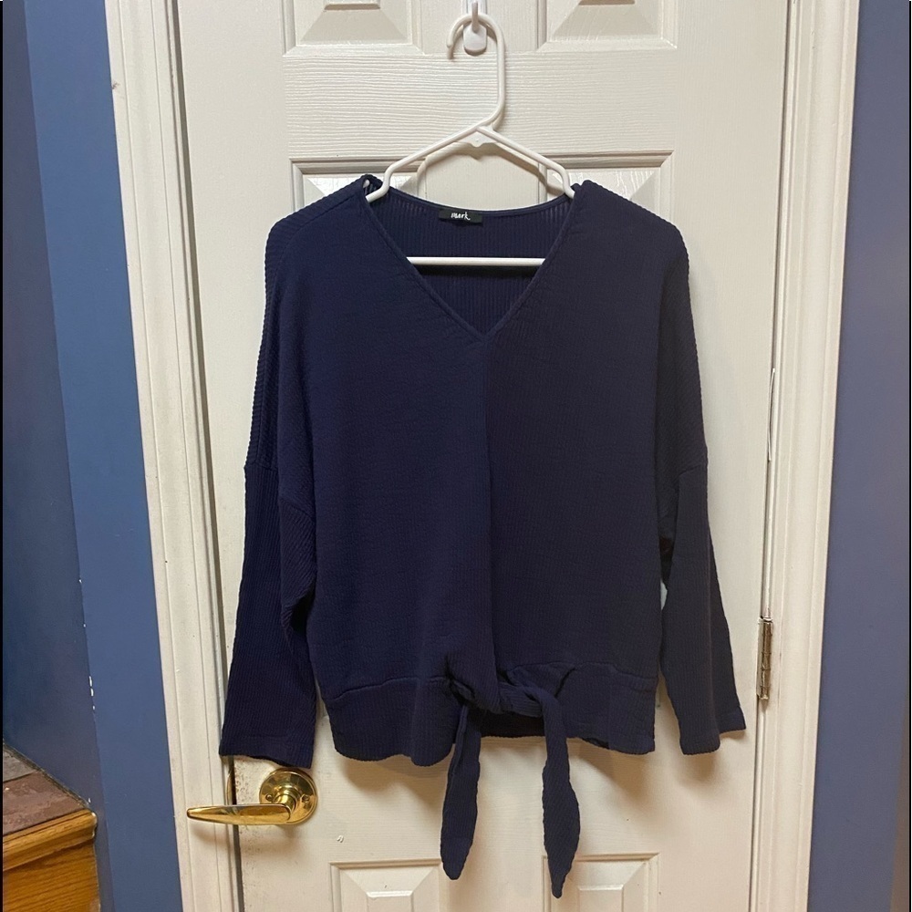 MARK Women's Crop top Navy Knit Shirt W/ Front Tie Dolman Sleeves Blue Size L.